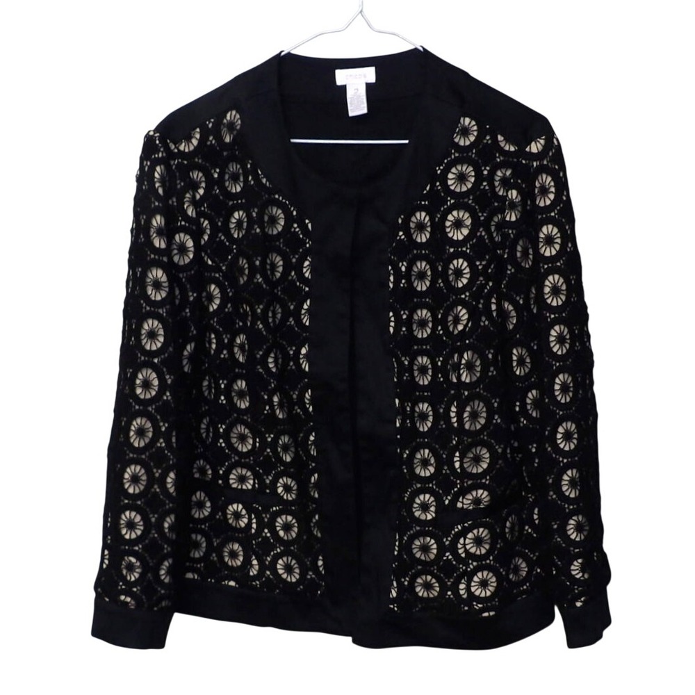 Chicos Black Lace Eyelet Open Front Jacket Cardigan Size 1 M Geometric Overlay